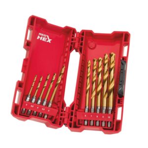 Set 10 burghie HSS-G Titanium Red Hex 1/4'' pentru metal, Ø3.0-10.0mm, Milwaukee
