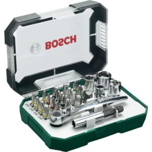 Set 26 accesorii Bosch, biti, suport universal, 4 chei tubulare, adaptor chei tubulare, cheie clichet